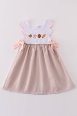 Brown seersucker starfish shell embroidery girl dress